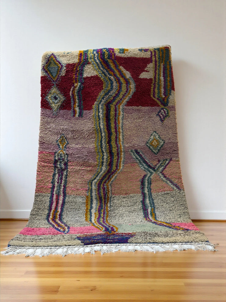 Handwoven Moroccan Bjaad carpet with abstract flow and diamond design in multicolor wool, 246 × 166 cm