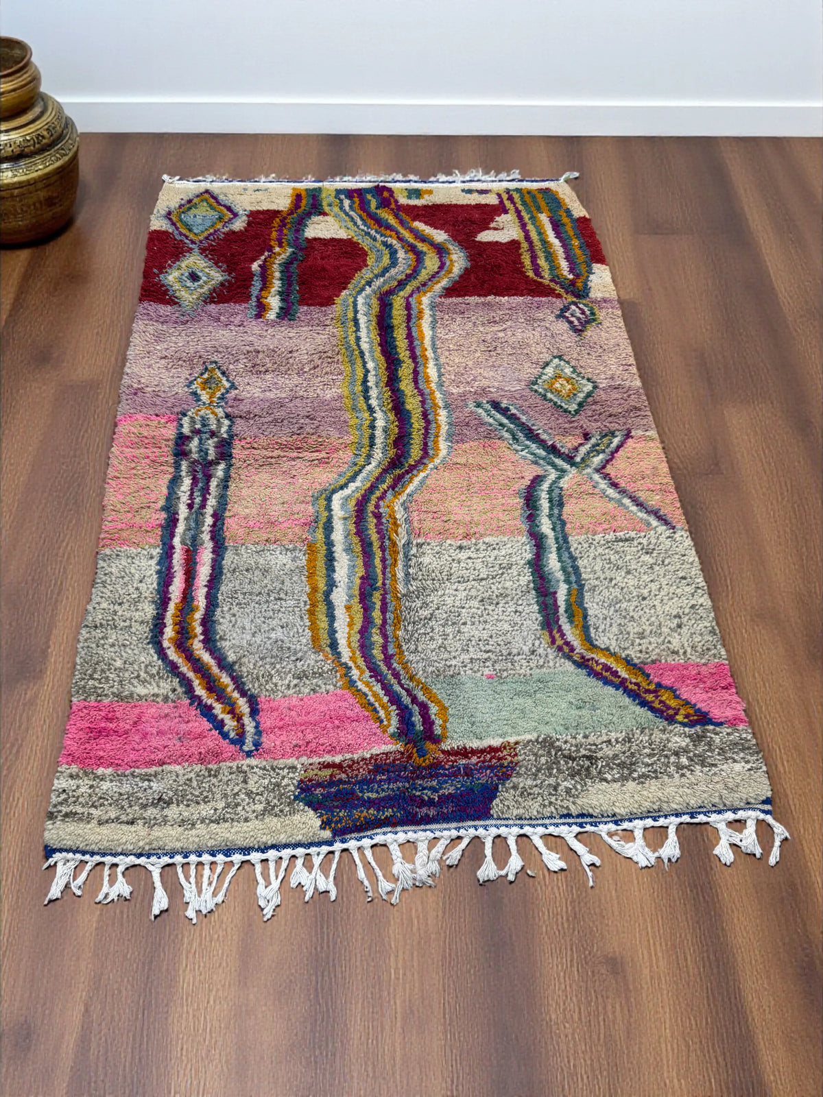 Handwoven Moroccan Bjaad carpet with abstract flow and diamond design in multicolor wool, 246 × 166 cm