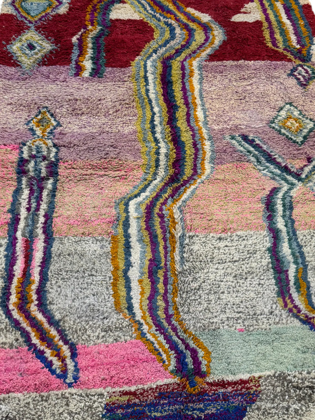 Handwoven Moroccan Bjaad carpet with abstract flow and diamond design in multicolor wool, 246 × 166 cm