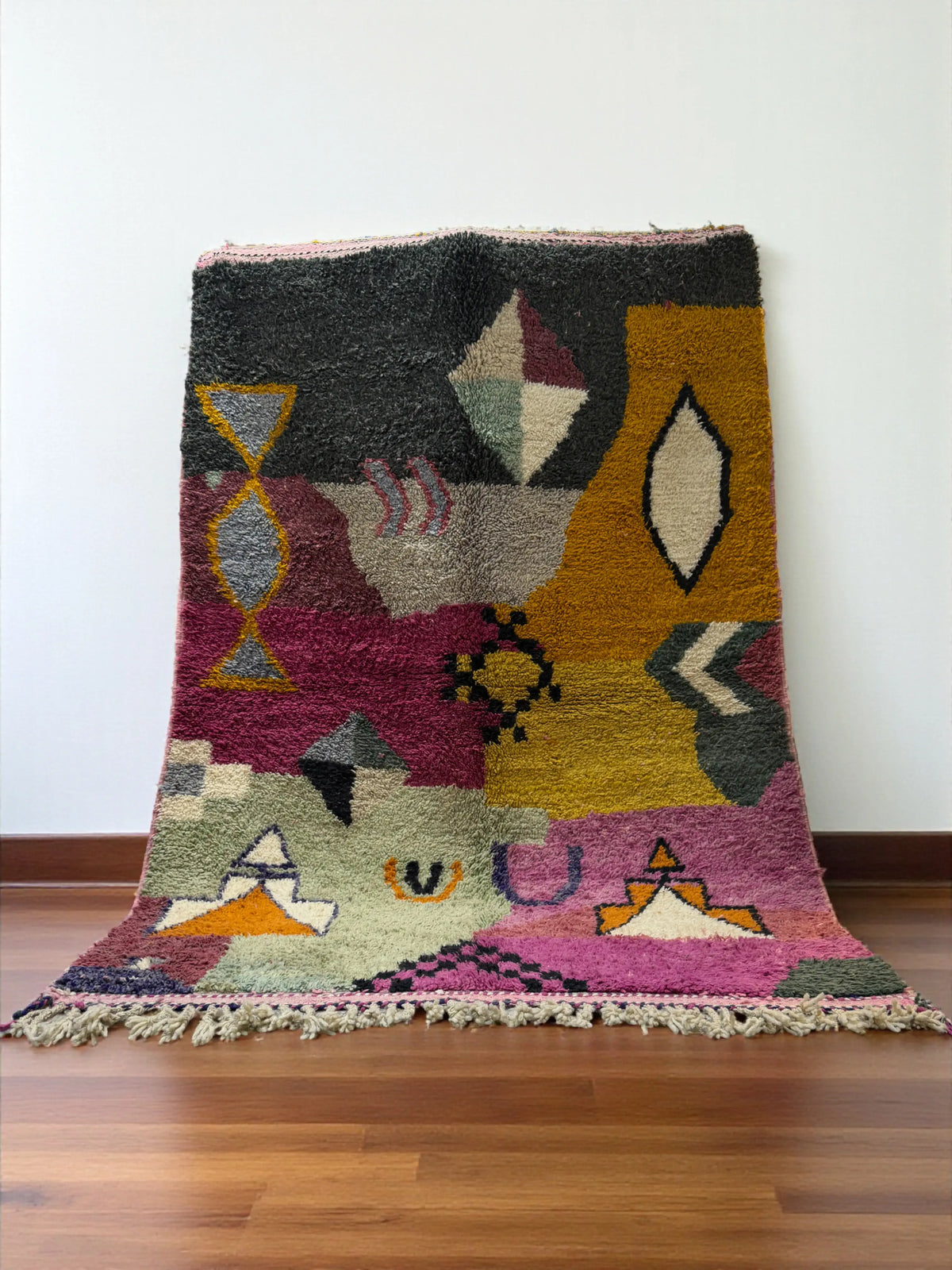 Handwoven Moroccan Bjaad carpet with abstract symbolic motifs in multicolor wool, 252 × 175 cm