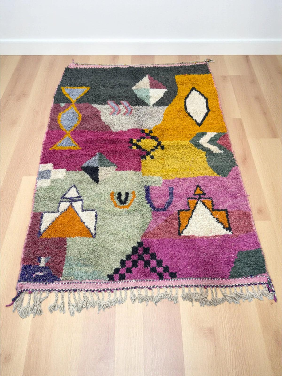 Handwoven Moroccan Bjaad carpet with abstract symbolic motifs in multicolor wool, 252 × 175 cm
