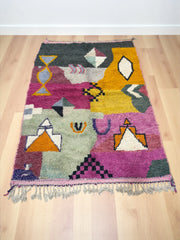 Handwoven Moroccan Bjaad carpet with abstract symbolic motifs in multicolor wool, 252 × 175 cm