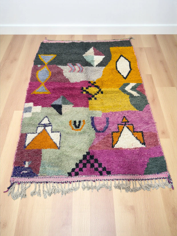 Handwoven Moroccan Bjaad carpet with abstract symbolic motifs in multicolor wool, 252 × 175 cm