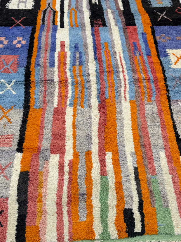 Handwoven Moroccan Bjaad carpet with abstract tribal striped design in multicolor wool, 242 × 166 cm