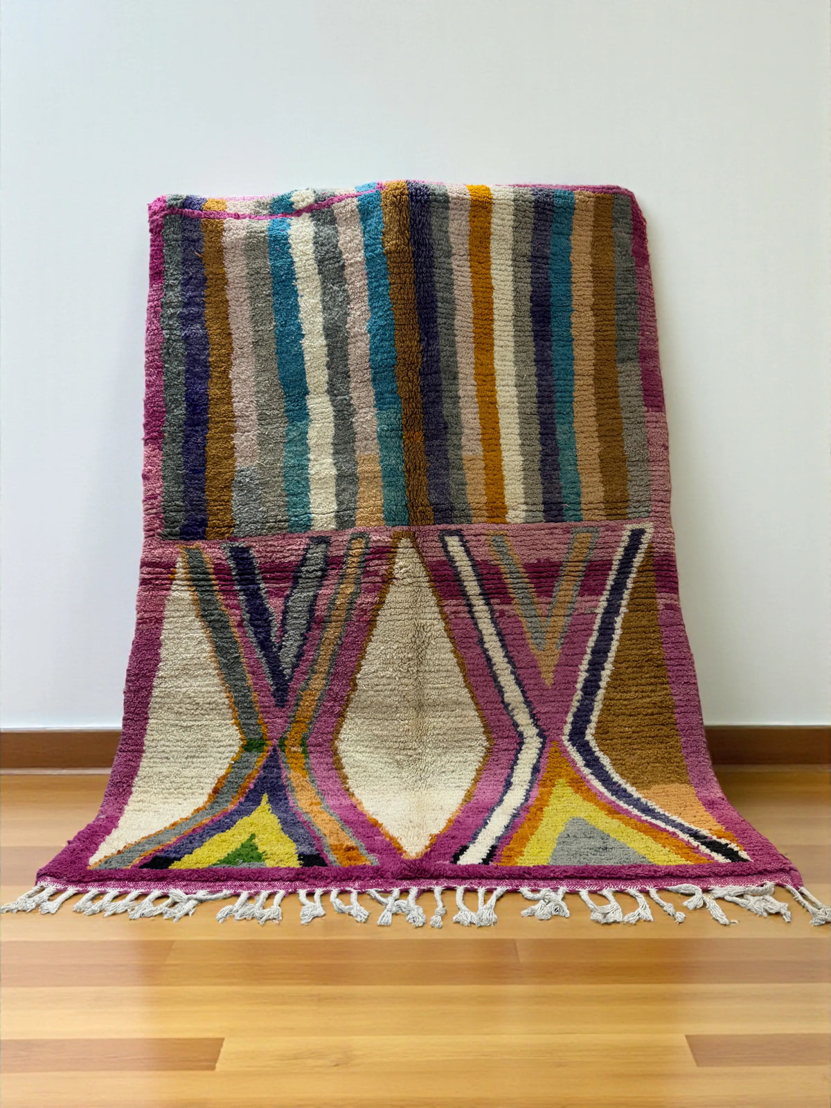 Handwoven Moroccan Bjaad Carpet – Dual Pattern Wool Rug (246 × 170 cm)