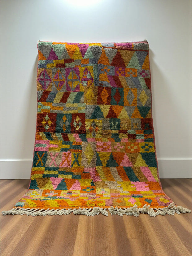 Handwoven Moroccan Bjaad carpet with kaleidoscope tribal geometric design in multicolor wool, 238 × 155 cm