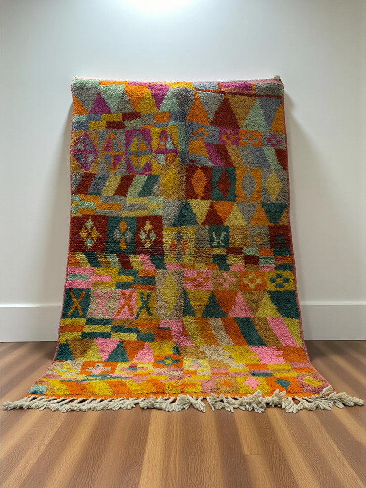 Handwoven Moroccan Bjaad carpet with kaleidoscope tribal geometric design in multicolor wool, 238 × 155 cm