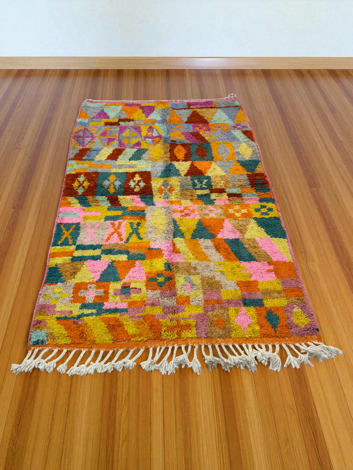 Handwoven Moroccan Bjaad carpet with kaleidoscope tribal geometric design in multicolor wool, 238 × 155 cm