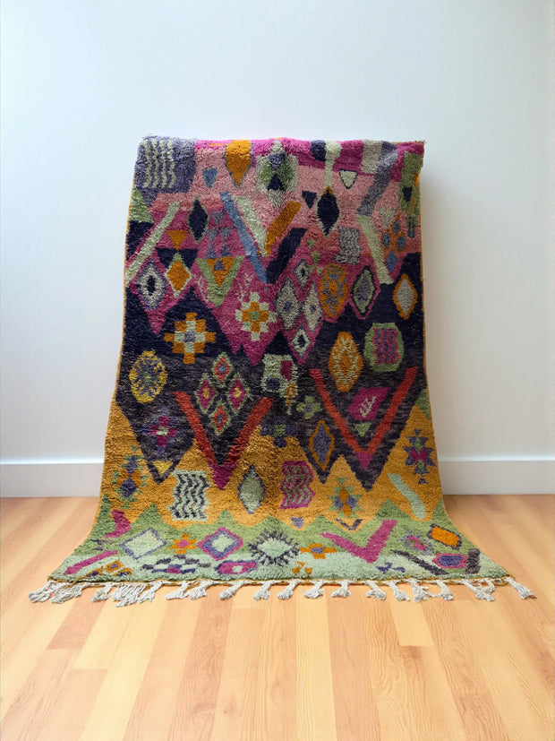 Handwoven Moroccan Bjaad carpet with tribal jewel geometric motifs in multicolor wool, 252 × 164 cm