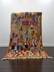 Handwoven Moroccan Bjaad carpet with abstract patchwork geometric design in multicolor wool, 248 × 159 cm