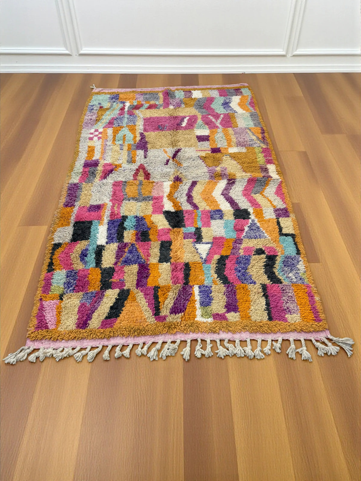 Handwoven Moroccan Bjaad carpet with abstract patchwork geometric design in multicolor wool, 248 × 159 cm