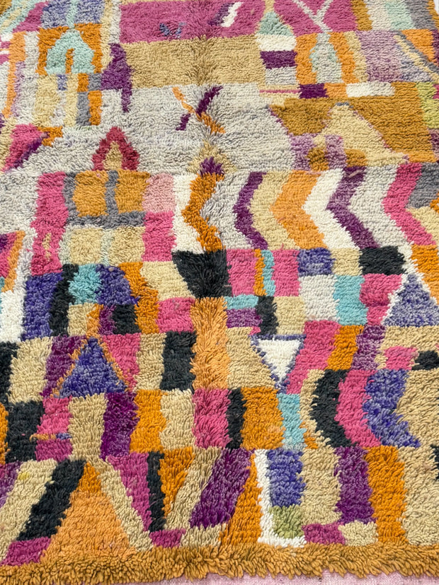 Handwoven Moroccan Bjaad carpet with abstract patchwork geometric design in multicolor wool, 248 × 159 cm