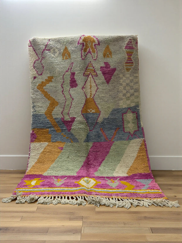 Handwoven Moroccan Bjaad carpet with soft tribal geometric design in multicolor wool, 244 × 160 cm