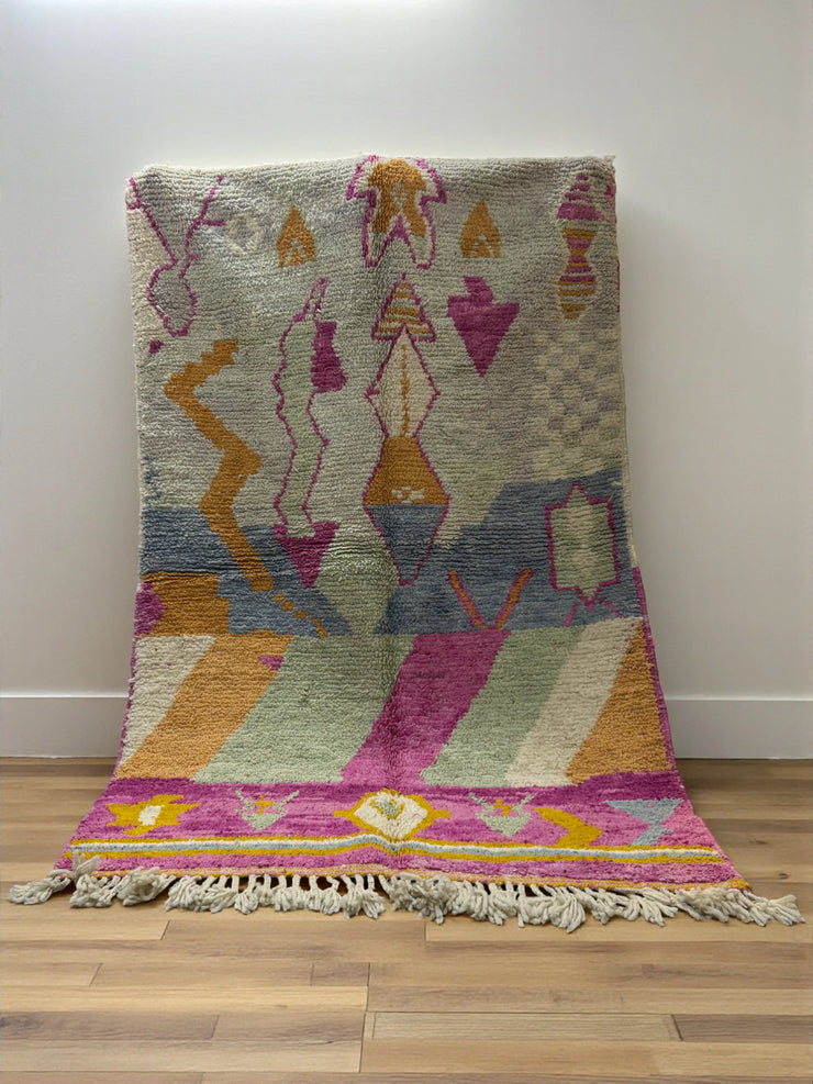 Handwoven Moroccan Bjaad carpet with soft tribal geometric design in multicolor wool, 244 × 160 cm