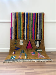 Handwoven Moroccan Bjaad carpet with desert glyph and multicolor stripe design in wool, 240 × 160 cm