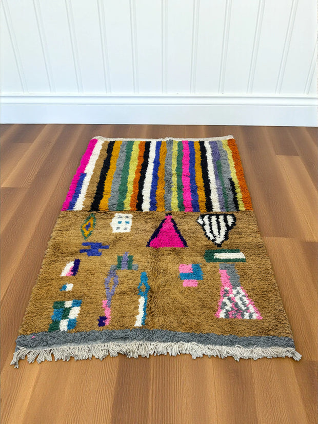 Handwoven Moroccan Bjaad carpet with desert glyph and multicolor stripe design in wool, 240 × 160 cm