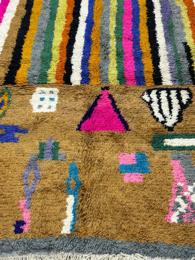 Handwoven Moroccan Bjaad carpet with desert glyph and multicolor stripe design in wool, 240 × 160 cm