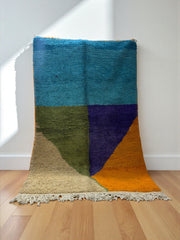 Handwoven Moroccan Bjaad carpet with modern color-block design in multicolor wool, 240 × 158 cm