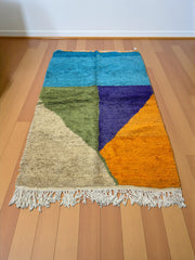 Handwoven Moroccan Bjaad carpet with modern color-block design in multicolor wool, 240 × 158 cm