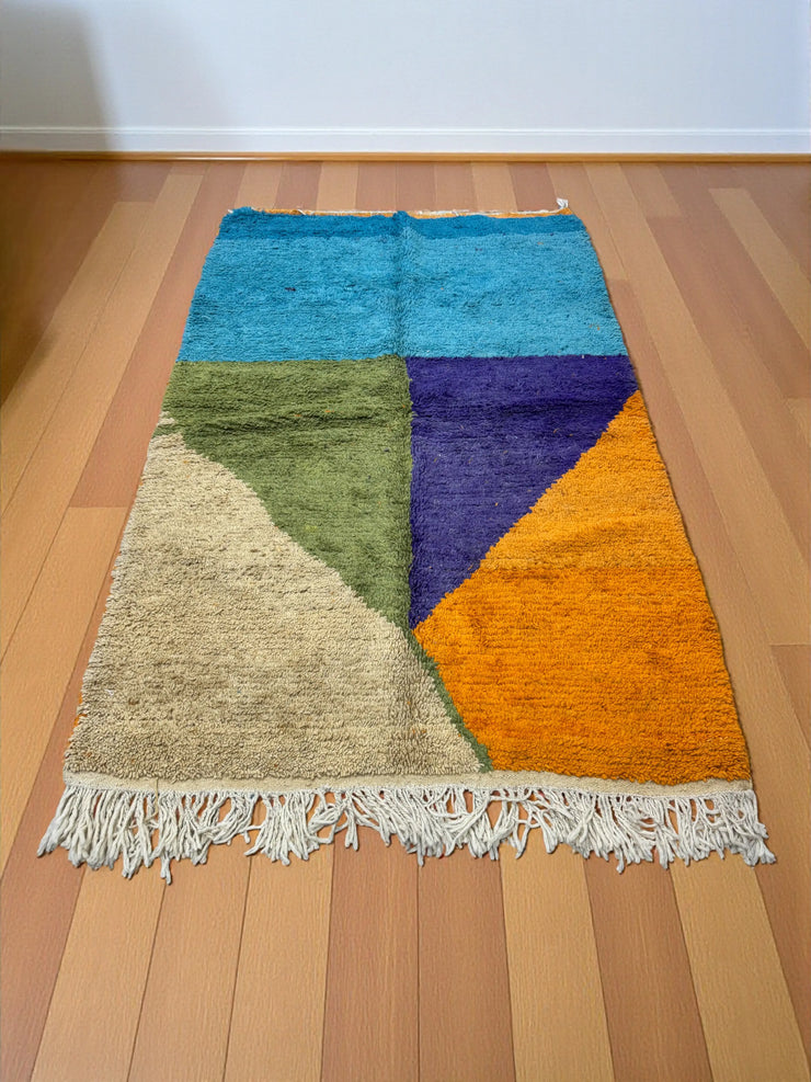 Handwoven Moroccan Bjaad carpet with modern color-block design in multicolor wool, 240 × 158 cm