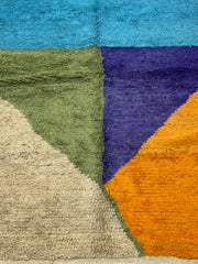 Handwoven Moroccan Bjaad carpet with modern color-block design in multicolor wool, 240 × 158 cm