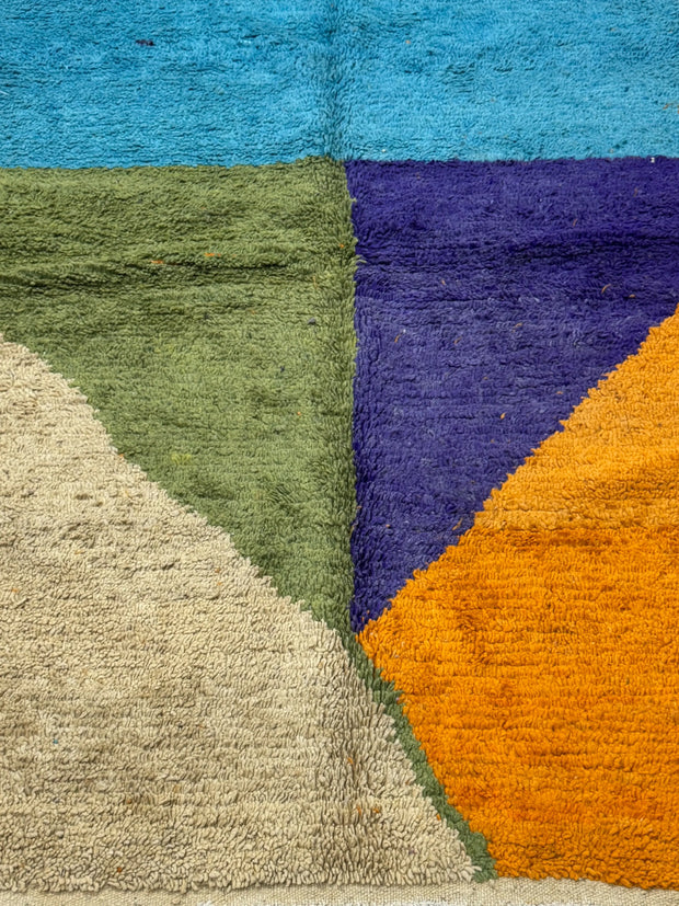 Handwoven Moroccan Bjaad carpet with modern color-block design in multicolor wool, 240 × 158 cm