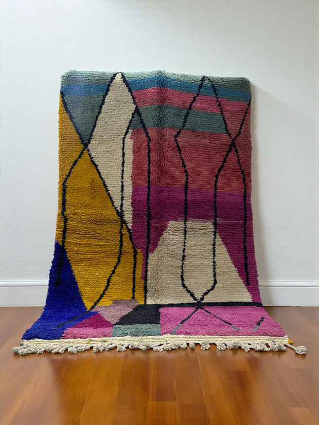 Handwoven Moroccan Bjaad carpet with abstract geometric architectural pattern in multicolor wool, 252 × 165 cm