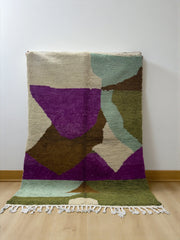 Handwoven Moroccan Bjaad carpet with earthy geometric and amethyst design in multicolor wool, 236 × 165 cm