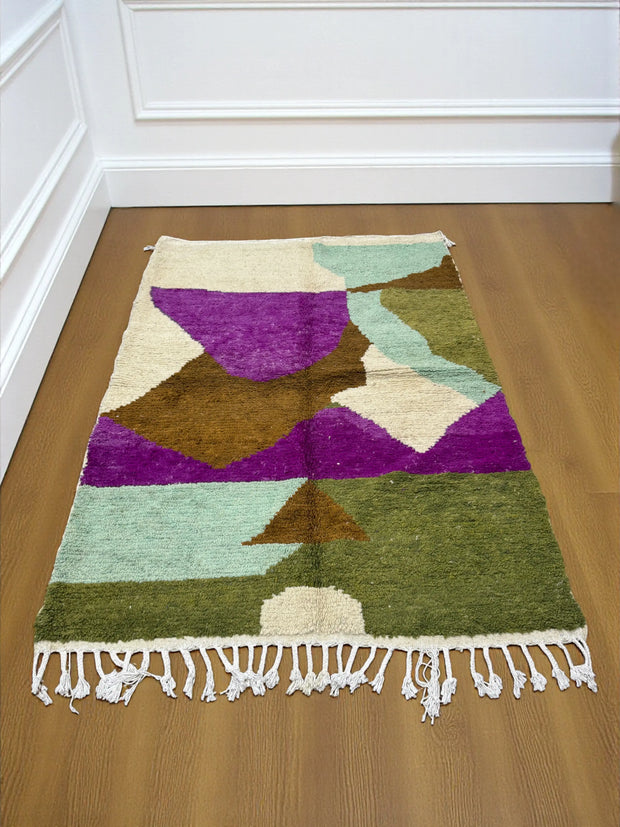 Handwoven Moroccan Bjaad carpet with earthy geometric and amethyst design in multicolor wool, 236 × 165 cm