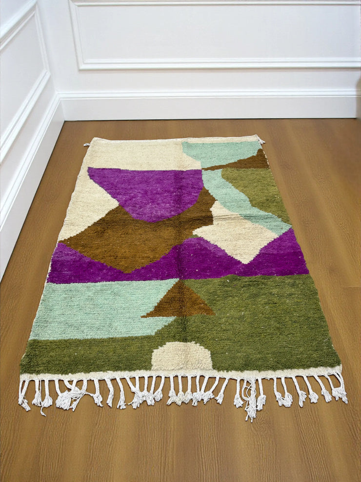 Handwoven Moroccan Bjaad carpet with earthy geometric and amethyst design in multicolor wool, 236 × 165 cm