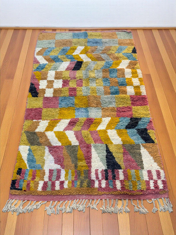 Handwoven Moroccan Bjaad carpet with checker and chevron geometric design in multicolor wool, 267 × 155 cm