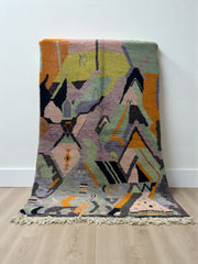 Handwoven Moroccan Bjaad carpet with Atlas-inspired geometric abstract pattern in multicolor wool, 249 × 153 cm
