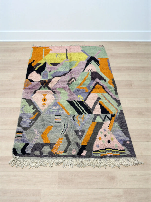 Handwoven Moroccan Bjaad carpet with Atlas-inspired geometric abstract pattern in multicolor wool, 249 × 153 cm