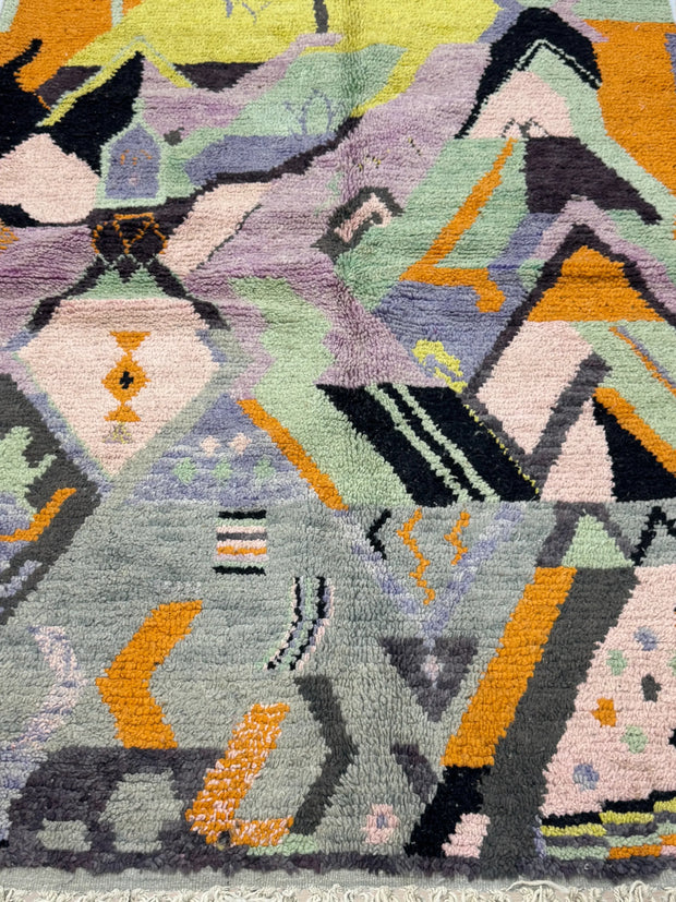 Handwoven Moroccan Bjaad carpet with Atlas-inspired geometric abstract pattern in multicolor wool, 249 × 153 cm