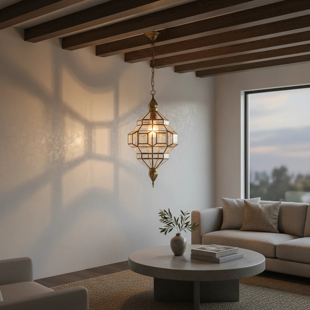 Handmade Moroccan Brass and Glass Pendant Lamp Geometric Chandelier