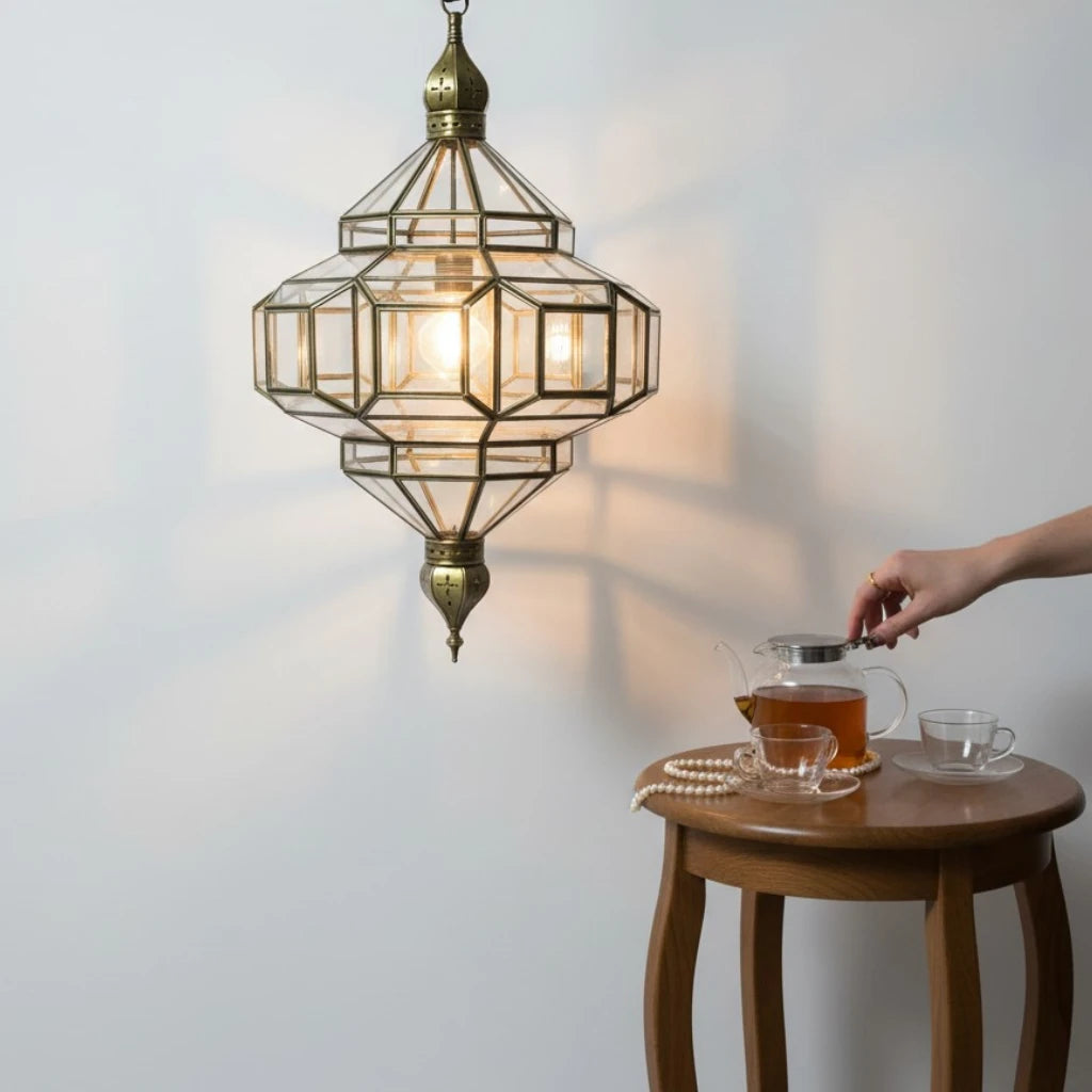 Handmade Moroccan Brass and Glass Pendant Lamp Geometric Chandelier