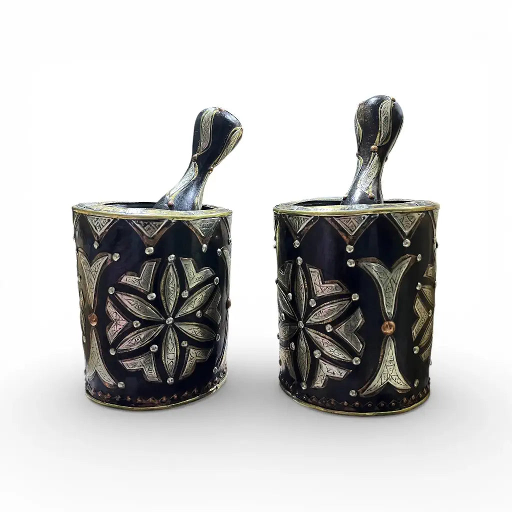 Moroccan Hand-Engraved Copper Mortar & Pestle with Brass & Berber Silver Plating
