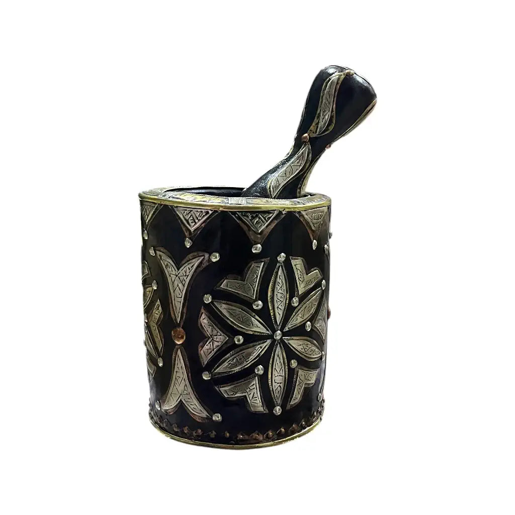 Moroccan Hand-Engraved Copper Mortar & Pestle with Brass & Berber Silver Plating