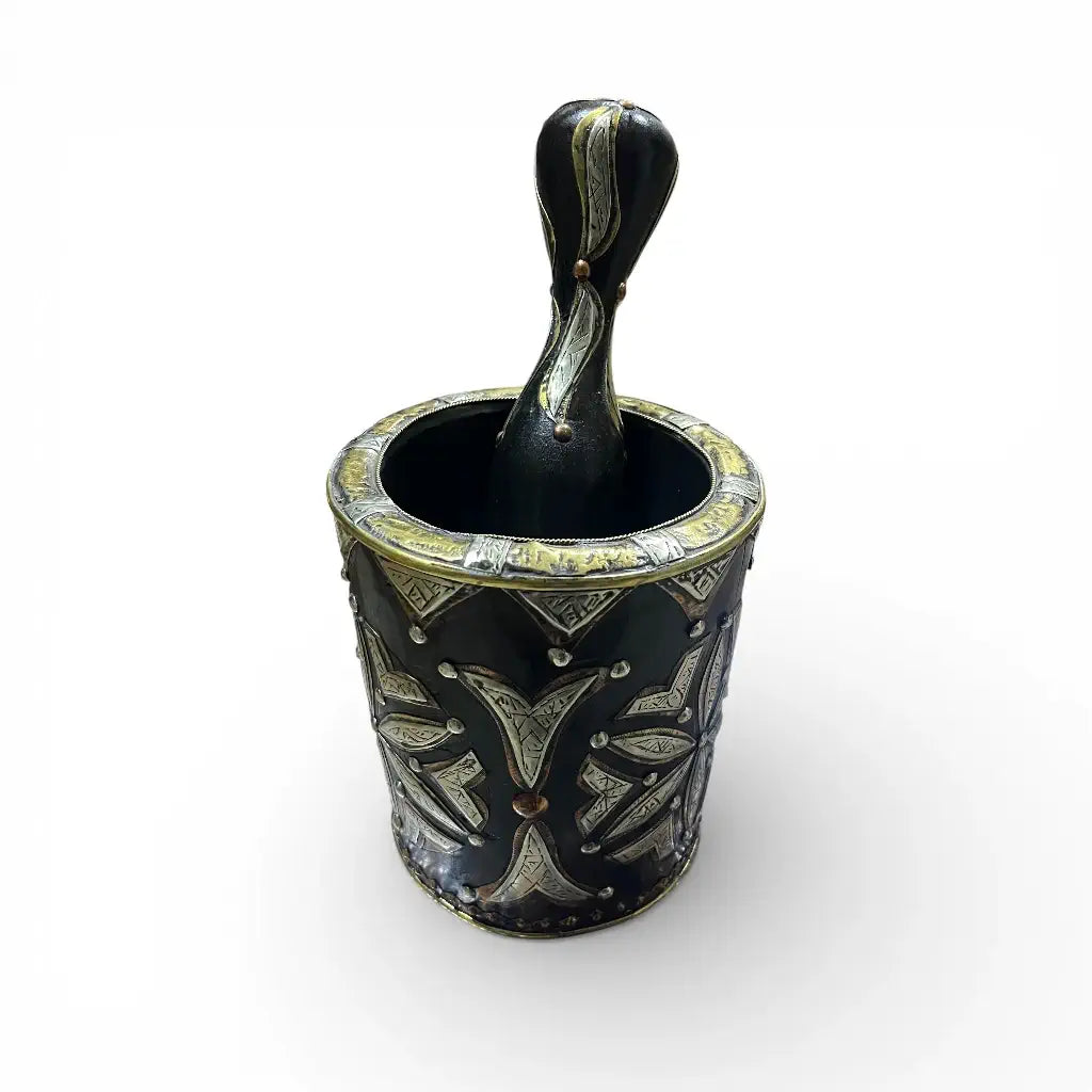 Moroccan Hand-Engraved Copper Mortar & Pestle with Brass & Berber Silver Plating