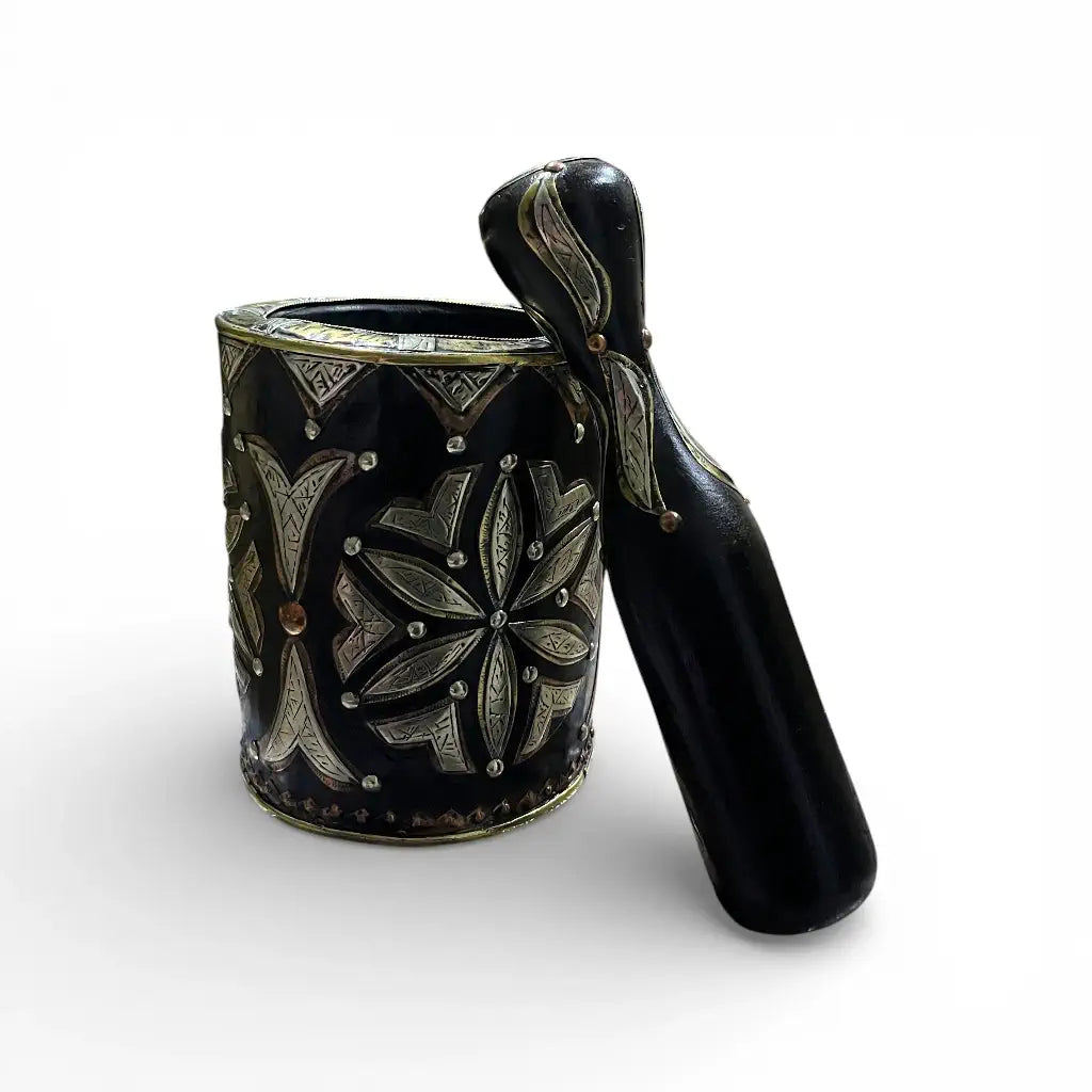Moroccan Hand-Engraved Copper Mortar & Pestle with Brass & Berber Silver Plating