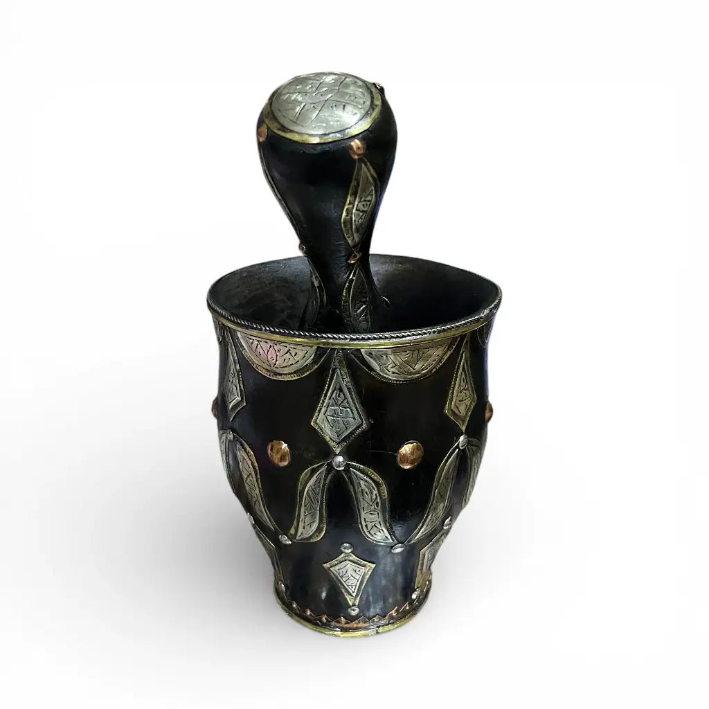 Hand-engraved Moroccan mortar and pestle made from copper with brass and Berber silver detailing
