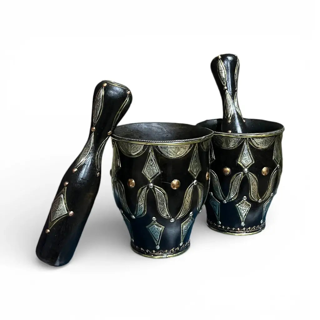Hand-engraved Moroccan mortar and pestle made from copper with brass and Berber silver detailing