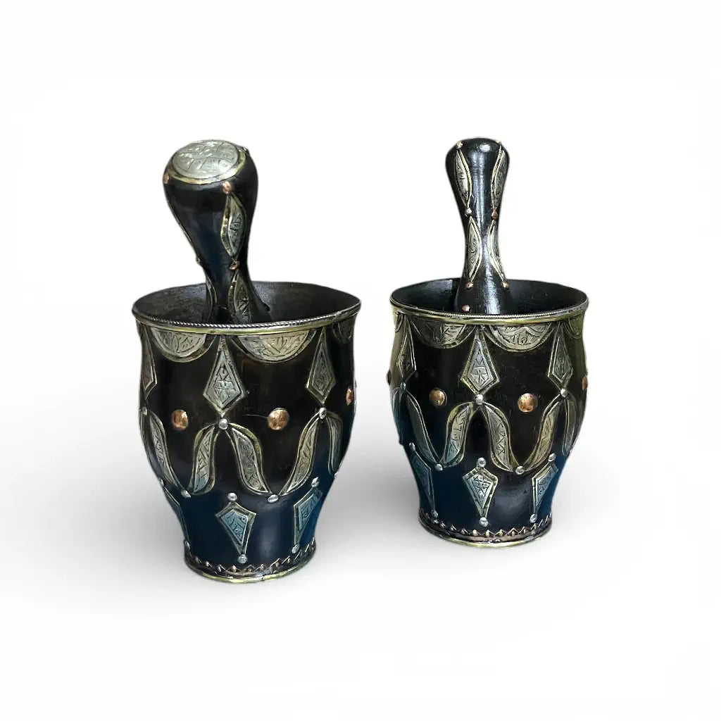 Hand-engraved Moroccan mortar and pestle made from copper with brass and Berber silver detailing