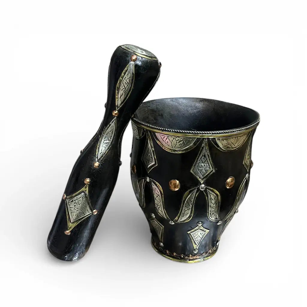 Hand-engraved Moroccan mortar and pestle made from copper with brass and Berber silver detailing
