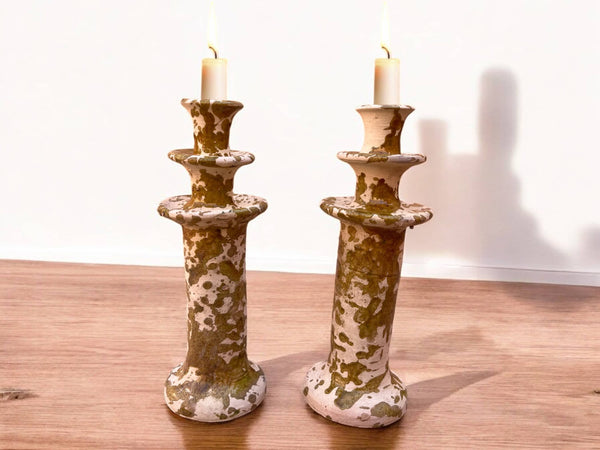 Handmade Moroccan Tamegroute Splatter Ochre-Glazed Ceramic Candle Holder | Artisan Pottery Decor
