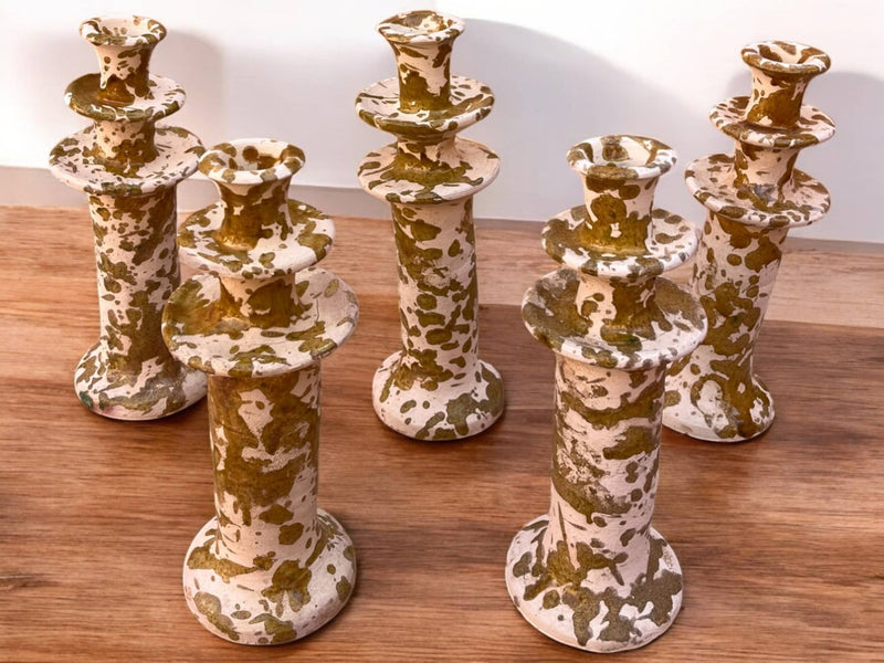 Handmade Moroccan Tamegroute Splatter Ochre-Glazed Ceramic Candle Holder | Artisan Pottery Decor