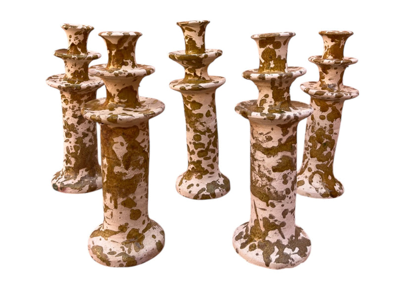 Handmade Moroccan Tamegroute Splatter Ochre-Glazed Ceramic Candle Holder | Artisan Pottery Decor