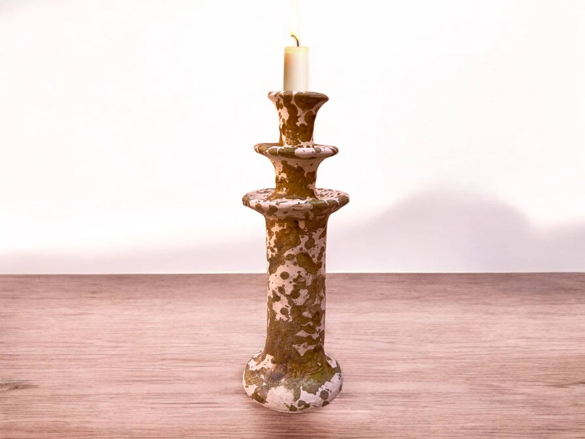 Handmade Moroccan Tamegroute Splatter Ochre-Glazed Ceramic Candle Holder | Artisan Pottery Decor