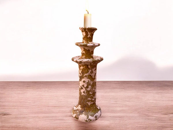 Handmade Moroccan Tamegroute Splatter Ochre-Glazed Ceramic Candle Holder | Artisan Pottery Decor