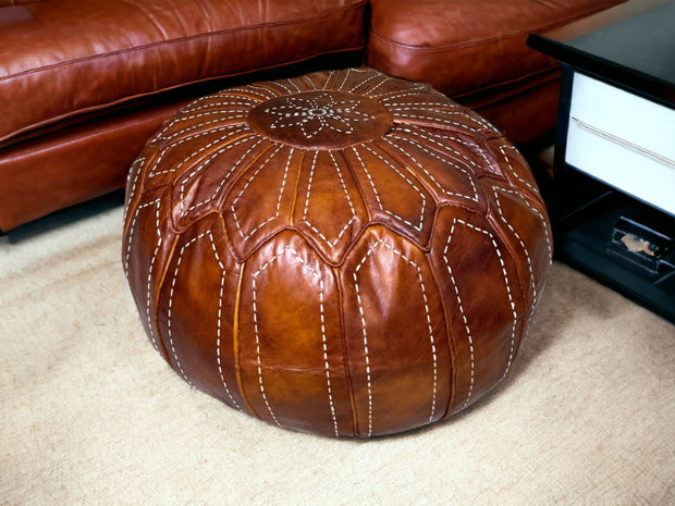 Indulge in Moroccan Elegance with Our Hand-Embroidered Tobacco Leather Round Ottoman Pouf - handmade by Moroccantastics - leather work, round pouf